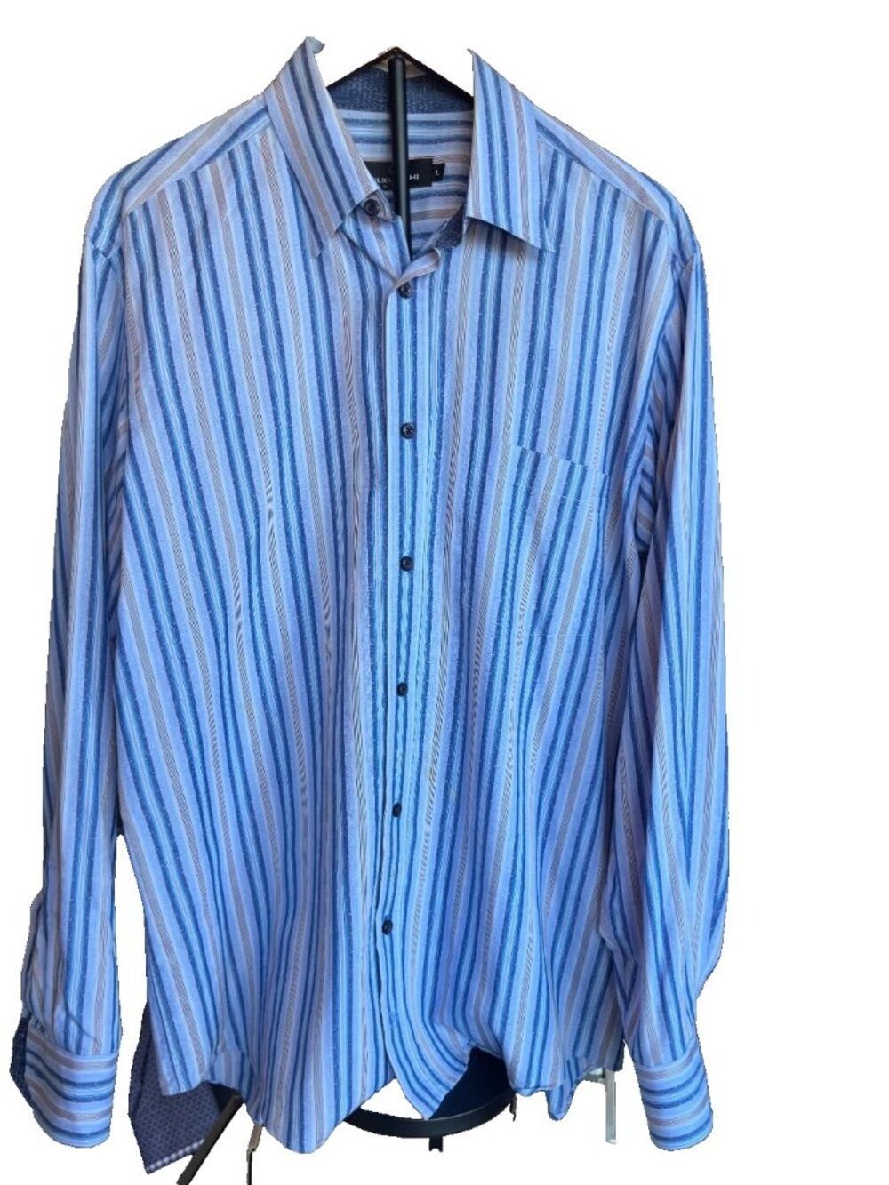 Bugatchi UOMO Mens Blue Striped Long Sleeve Cotton Dress Shirt, Size L